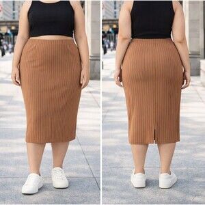 Plus Size 1XL Ribbed Bodycon Midi Skirt High Waist Pull On Brown